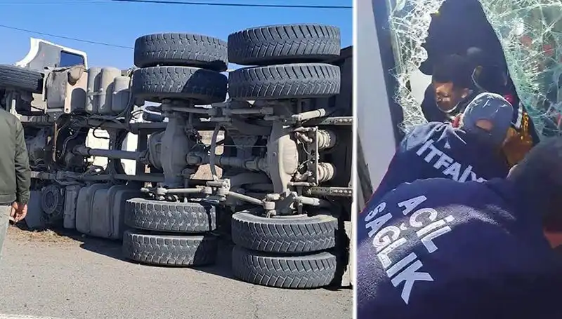 Tehlikeli Virajda Kamyon Dehşet Saçtı: Yan Yattı!
